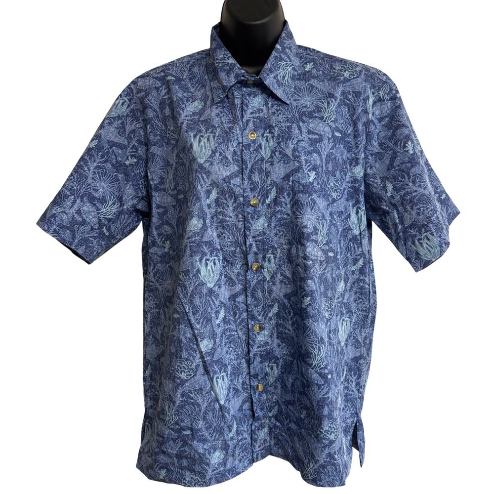 Two Paddles Hawaii Blue Ocean Reef Hawaiian Aloha Shirt Mens Medium Button Front